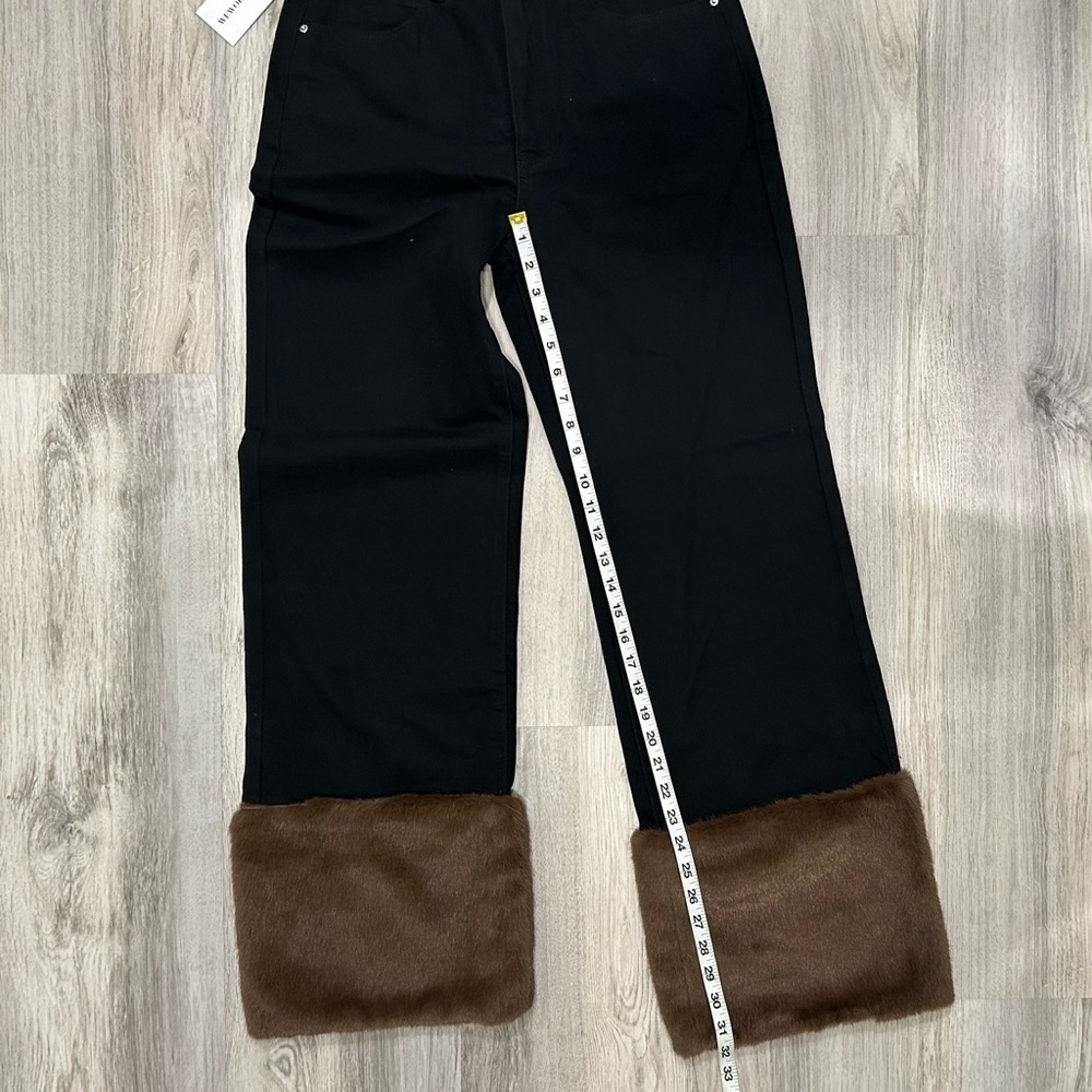 NWT We Wore What Black Denim Jeans Faux Fur Cuff Straight Leg High Rise Size 27 - Picture 7 of 12